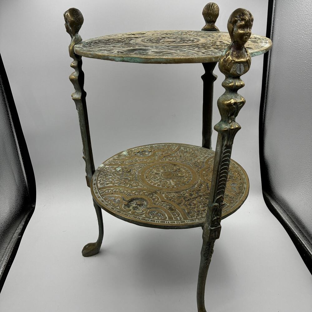 Antique Ornate Brass Bronze 2-Tier Stand Pedestal Table Figural Putti Patina